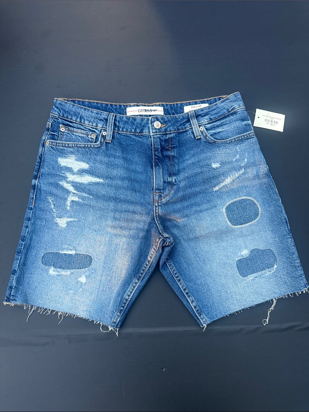GUESS Men's Blue Distressed Patchwork Denim Shorts size 33